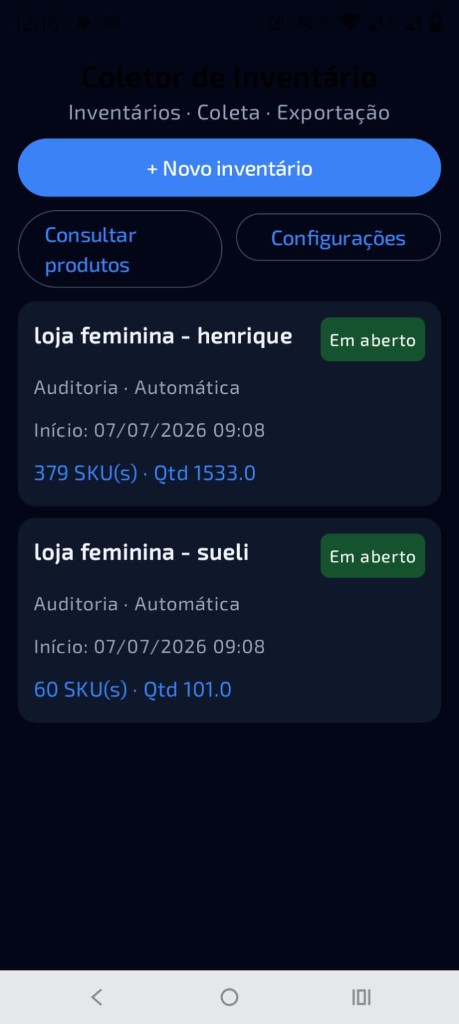 App Coletor de Inventário — lista de inventários